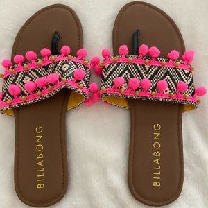 Billabong Brown Sandals with Pink Pom Trim